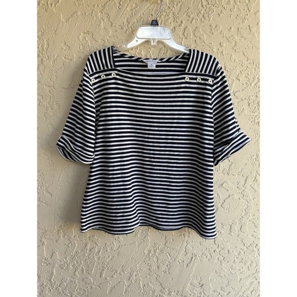 Liz Claiborne Texture Knit Black Off White Striped Women's XL Stretch Blouse - Picture 4 of 10